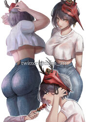 1girls ass back black_hair breasts bubble_butt busty casual_clothes crop_top dango eating female food from_behind genshin_impact hi_res human jeans kujou_sara large_breasts mask mask_on_head midriff nzkn pants perspective player shirt short_hair thick_ass tight_jeans tight_pants underboob watermark white_shirt yellow_eyes