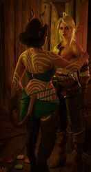 2girls 3d blender blendguardian cd_projekt_red ciri green_eyes horns interspecies light-skinned_female partially_clothed succubus succubus_(the_witcher) the_witcher_(series) the_witcher_3:_wild_hunt undressing white_hair yuri