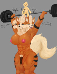 2021 5_fingers absurd_res anthro anthro_focus arcanine big_breasts big_tail blush breasts canid dialogue english_text european_mythology exercise fingers futanari genitals greek_mythology group gynomorph hi_res huge_breasts human intersex looking_at_viewer mammal multi_head muscular mythology narrowed_eyes nebssik nintendo nude penis pokemon pubes shy talking_to_another talking_to_viewer text video_games weightlifting weights wide_hips workout