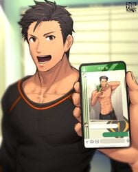 abs arima_(arima_bn) idolmaster_side-m kimura_ryu male male_only message muscle phone phone_screen