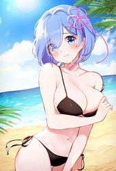 1girls absurdres alternate_costume bad_id bad_pixiv_id bare_arms bare_shoulders beach big_breasts bikini black_bikini blue_eyes blue_hair blue_sky blush breasts cleavage closed_mouth cloud collarbone cowboy_shot day eyes_visible_through_hair female female_only gya_(144) hair_ornament hair_over_one_eye hair_ribbon highres horizon looking_at_viewer navel ocean outdoors pink_ribbon re:zero_kara_hajimeru_isekai_seikatsu rem_(re:zero) resolution_mismatch ribbon sand short_hair side-tie_bikini_bottom sky solo source_smaller stomach swimsuit tears water x_hair_ornament