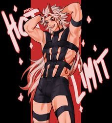 1boy arataki_itto big_arms big_legs body_markings demon ear_piercing gay genshin_impact grey_hair horns long_hair male male_only markings muscular muscular_arms muscular_legs muscular_male muscular_pecs oni orange_eyes pierced_ears piercing pointed_ears red_eyes red_horn red_horns red_markings red_strand_of_hair red_streak revealing_clothes revealing_outfit revealing_pants simple_background skimpy_clothes skimpy_outfit slit_pupils solo solo_male white_hair