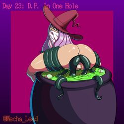 anal anal_only ass_focus big_ass big_breasts bottomless cauldron covered_pussy double_anal double_penetration dress_shirt glasses heart_eyes leg_grab long_hair looking_back mecha_lewd pink_hair pussy_tape smile summoning tentacle_sex witch witch_hat