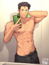 1boy abs arima_(arima_bn) clothing half-dressed hand_behind_head idolmaster_side-m kimura_ryu looking_at_viewer male male_only muscle muscular muscular_male phone selfie shirtless shirtless_(male) shorts solo