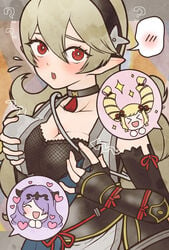 3girls ? alternate_costume alternate_version_available arrow_(symbol) blush breast_grab breasts camilla_(fire_emblem) choker collarbone confusion corrin_(female)_(ninja)_(fire_emblem) corrin_(fire_emblem) corrin_(fire_emblem)_(female) double_breast_grab elbow_gloves elise_(fire_emblem) elise_(ninja)_(fire_emblem) embarrassed fingerless_gloves fire_emblem fire_emblem_fates fire_emblem_heroes fishnets gloves grabbing_own_breast large_breasts long_hair looking_at_viewer m0fa0 multiple_girls ninja nintendo nipples official_alternate_costume open_mouth pointy_ears red_eyes see-through smile solo_focus upper_body very_long_hair