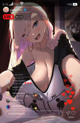 1girls big_breasts blonde_hair blue_eyes blush braid braided_hair breasts busty cleavage clothes_writing earrings english_text female gamer_girl hairclip heart hoop_earrings huge_breasts instagram livestream looking_at_viewer magister_(bigbakunyuu) meme_attire mole_on_breast original oversized_clothes pale-skinned_female pale_skin pandora_smith phone phone_screen phone_view pink_hair smile streaming t-shirt