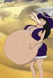 arinokateku big_ass big_belly big_breasts black_hair blue_eyes cleavage cowboy_hat cowgirl dark_skin desert female male midriff miniskirt navel nico_robin one_piece pre-timeskip stomach_bulge swallowed_whole swallowing tagme tongue_out unknown_character vore