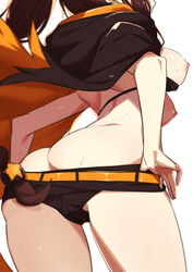 1girls 2021 areolae ass ass_cleavage breasts brown_hair butt_crack cape eyes_out_of_frame female large_breasts long_hair morisobo nipples ponytail re:zero_kara_hajimeru_isekai_seikatsu shaula_(re:zero) short_shorts shorts sideboob sidelocks single_braid solo sweat thick_thighs undressing white_fox_(studio)