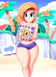 1girls beach big_breasts block blue_eyes blue_sky cassidy_(saymanart) cloud clouds covering_breasts cute dice fruit grass green_grass holding holding_object huge_breasts looking_at_viewer mario_(series) mario_party mario_party_superstars navel nintendo ocean original palm_tree public_topless questionable sand saymanart shorts sky smile three-quarter_portrait topless watermelon