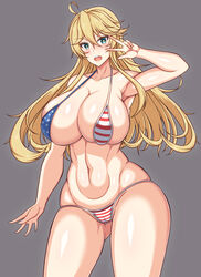 american_flag_bikini bare_shoulders bikini blonde_hair blue_eyes breasts cleavage collarbone curvy eyebrows_visible_through_hair female flag_print gluteal_fold hair_between_eyes highres iowa_(kantai_collection) kantai_collection large_breasts long_hair looking_at_viewer midriff navel open_mouth pechita simple_background solo star-shaped_pupils star_(symbol) stomach swimsuit symbol-shaped_pupils thick_thighs thighs v