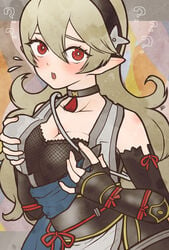 1girls alternate_costume alternate_version_available blush breast_grab breasts choker collarbone corrin_(female)_(ninja)_(fire_emblem) corrin_(fire_emblem) corrin_(fire_emblem)_(female) double_breast_grab elbow_gloves embarrassed female_only fingerless_gloves fire_emblem fire_emblem_fates fire_emblem_heroes fishnets gloves grabbing_own_breast higher_resolution_duplicate large_breasts long_hair looking_at_viewer m0fa0 ninja nintendo nipples official_alternate_costume open_mouth pointy_ears red_eyes see-through solo upper_body very_long_hair