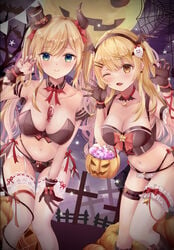 2girls blonde_hair cleavage frills halloween hololive hololive_gen_1 hololive_gen_2 hololive_japan kebaboishii succubus underwear virtual_youtuber yozora_mel yuzuki_choco