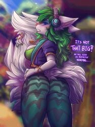 1girls anthro clothed clothed_female dialogue dimwitdog english_text female female_only fox from_behind fur furry green_hair hi-rez_studios huge_ass large_breasts looking_back paladins salt_(paladins) solo solo_female tail_grab text white_fur