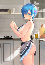 1girls apron apron_only bangs blue_eyes blue_hair breasts cooking exposed_ass female female_only fringe hair hair_ornament hair_ribbon headband headdress holding_object home indoors kitchen light-skinned_female light_skin looking_at_viewer maid re:zero_kara_hajimeru_isekai_seikatsu rem_(re:zero) sansan_(dongfangzhong111) short_hair sideboob smile solo_female solo_focus spatula standing very_short_hair window_light