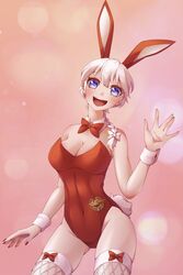 1girls artist_request blue_eyes braid breasts bunny_ears bunny_tail bunnysuit cleavage cuff_links female female_only fishnet_legwear fishnets iron_armenian lady_baron looking_at_viewer red_clothing red_nails solo thighs war_thunder white_hair