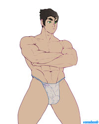 1boy abs arms_crossed avatar_the_last_airbender balls balls_in_underwear bara biceps big_penis black_hair bolin crossed_arms erect_penis erection erection_in_underwear erection_under_underwear flaccid flaccid_penis green_eyes human human_only male_focus male_only muscles muscular muscular_male penis penis_in_underwear see-through see-through_clothing see-through_panties see-through_penis see-through_swimsuit see-through_underwear see_through smooth_skin solo solo_focus solo_male standing the_legend_of_korra thick_eyebrows thong thong_only underwear underwear_only vansbeab white_background