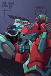 dialogue embarrassed erection fire_truck futanari goingloco hand_on_penis it'll_never_fit pyra_magna robot robot_girl rust_dust source_request text transformers yuri