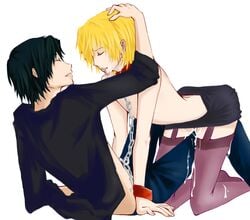 2boys chrollo_lucilfer cum handcuffed hunter_x_hunter kurapika leg_hump male_focus male_only no_shirt red_collar