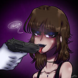 bedroom_eyes brown_hair cute_deth cute_deth(artist) cute_deth(character) flirting_with_viewer gun licking pointing_gun self_upload weapon