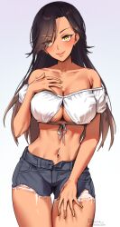 1girls 2022 anime_style belly_button belly_button_piercing black_hair booty_shorts breasts cleavage ear_piercing female female_only foxy_rain_(foxyreine) foxyrain_(foxyreine) foxyreine hand_on_chest hips huge_breasts jean_shorts light_blush lipstick long_hair looking_at_viewer original original_character painted_nails short_shorts shorts slim_waist smile tan tan-skinned_female tanned_skin thick_thighs thigh_gap thighs white_topwear wide_hips yellow_eyes