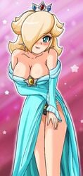 1girls asymmetrical_hair big_breasts black_panties blonde_hair blue_eyes blush blushing breasts bursting_breasts cameltoe cleavage crown dress dress_lift earrings female female_only fingernails hair_over_one_eye hair_over_one_eyes hanging_breasts horny_female huge_breasts human large_breasts leaning_forward legs long_legs mario_(series) nail_polish nintendo nipples panties pantyshot pink_nails princess_rosalina seductive seductive_smile side_slit sigurdhosenfeld solo star stars super_mario_galaxy thighs thin_female underwear upskirt