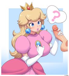 1girls 2d 2d_(artwork) :o ? artist_name big_breasts blonde_hair blue_background blue_eyes busty crown disembodied_penis dress elbow_gloves erection female female_focus fully_clothed gloves grabbing_penis handjob huge_breasts large_breasts long_hair looking_at_penis mario_(series) penis pink_dress pink_lips princess_peach royalty simmsy simple_background speech_bubble spoken_question_mark straight testicles tight_clothing unseen_male_face white_border