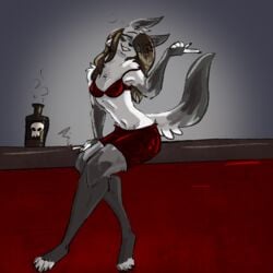 aceline alcohol alfie alfredo alfredomutt alfredorunt barefoot blue_eyes boxers_(clothing) boxers_girl bra brick_wall brown_hair drunk furry fursona hair_over_one_eye happy huskey husky lingerie moon paws pointing red_lingerie simple_background sitting smile tipsy wall_(structure) white_wolf wolf yiff yiffer