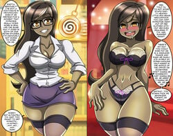 bimbo bimbofication blush brainwashing breasts brown_hair brown_skin cleavage denial dialogue drooling empty_eyes glasses happy_trance hypnosis long_hair mind_control pendulum pocket_watch smug spiral text thick_thighs thighhighs underwear yellow_eyes zorro-zero