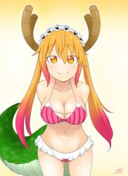 1girls big_breasts blonde_hair dragon_girl dragon_horns dragon_tail ivancyxic miss_kobayashi's_dragon_maid monster_girl orange_eyes striped_bikini tohru_(dragon_maid) twintails