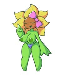 1girls 2018 3_fingers anthro anthrofied areola areolae bare_shoulders big_breasts bottomwear bow breasts cleavage closed_eyes eyelashes female female_focus female_only flora_fauna flower freckles full_body green_body green_skin hips humanoid large_breasts nipples no_toes open_mouth open_smile petal_(screwroot) petals plant plant_girl plant_humanoid png raised_finger shortstack simple_background solo solo_female solo_focus standing sunflower thick thick_thighs thighs tongue topless topless_female transparent_background voluptuous vonjungle wide_hips yellow_hair yellow_petals