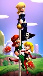 3d blonde_hair blue_eyes flagpole freckles gloves high_heels leotard mario_(series) new_super_mario_bros. nintendo onmodel3d peril princess_daisy princess_peach princess_rosalina red_hair self_upload slave_outfit spiny super_mario_bros. thighhighs