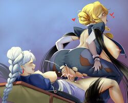 1futa 1girl1futa 1girls areolae atlas_outfit back back_view balls bayonetta bayonetta_(cosplay) big_ass big_breasts blonde_hair braids breasts clothed clothing commission cum cum_in_pussy cum_inside duo ejaculation erection female functionally_nude futa_on_female futanari glynda_goodwitch huge_ass huge_breasts human light_skin low-angle_view lulu-chan92 milf nipples older_female open_mouth orgasm pale-skinned_female pale-skinned_futanari pale_skin partially_clothed penis reverse_cowgirl_position rwby sex tongue tongue_out vaginal_penetration weiss_schnee weiss_schnee_(atlas) white_hair younger_futanari