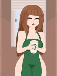 :3 apron artist_request big_breasts blush brown_hair cup geoexe gwain_saga huge_ass huge_breasts iced_latte_with_breast_milk lanney meme mostly_nude sideboob simple_background starbucks thick_thighs wide_hips