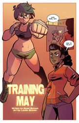 2girls black_hair boots boxer boxing brown_eyes chocolate_and_vanilla clothed clothed_female coach comic comic_page dark-skinned_female dialogue doc_louis female female_only freckles green_boxers green_hair gym interracial jeans leslie_brown light-skinned_female little_mac may multiple_girls pale-skinned_female pony_tail ponytail red_jacket rule_63 short_hair sports_bra taped_hands thick_thighs title training training_may