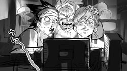 3boys awase_yousetsu black_and_white blush blushing computer computer_screen desktop funny heavy_breathing horny horny_male male male_focus monochrome monoma_neito multiple_boys my_hero_academia neito_monoma nosebleed open_mouth psychobusu sweat sweating tetsutetsu_tetsutetsu watching watching_porn yosetsu_awase