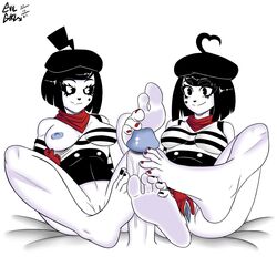 2021 2girls :3 areola barefoot beret big_breasts big_penis black_eyes black_hair blush bonbon_(derpixon) breasts breasts_out chuchu_(derpixon) erect_penis evilgirl feet feet_up female female_focus foot_fetish foot_focus foot_on_penis footjob happy huge_cock mime mime_and_dash nipple pac-man_eyes penis pussy scarf short_hair simple_background sitting sitting_on_bed smile soles spread_pussy toes white_background white_eyes white_skin