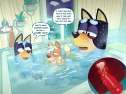 1boy2girls apis bandit_(bluey) bandit_heeler bathroom bathtub bingo_(bluey) bluey_(series) bluey_heeler canine cartoony cub english_text father_and_daughter fingering_self incest puppy vaginal_penetration watching young