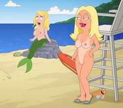 1animal 1boy 2girls american_dad beach big_boob_june big_breasts blonde_hair blue_sky cleft_of_venus cloud day daytime family_guy fish flip-flops flip_flops francine_smith full_body goldfish hand_on_hip klaus_heissler lifeguard lifeguard_chair looking_at_another medium_breasts mermaid mole_under_eye naked nipples no_bra ocean one-piece_tan outdoor_nudity outdoors parted_bangs parted_hair pussy red_lips sandals scallop schadenfreude small_breasts small_nipples smug standing tanline