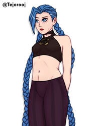 1girls arcane arcane_jinx belly belly_button blue_eyes blue_hair clothing female female_focus female_only fortnite jinx_(league_of_legends) league_of_legends league_of_legends:_wild_rift lipstick nipple_bulge petite powder_(arcane) revealing_clothes skinny small_breasts solo solo_female tejorooj twintails