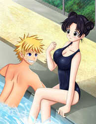 1boy 1boy1girl 1girls 7:9 artemisumi belly_button black_eyes black_hair blonde_hair blonde_hair_male blue_eyes blue_eyes_male blue_swimsuit blush breasts cleavage clothed clothing female fully_clothed glistening_hair grin hair_bun legs legs_crossed legs_together light-skinned_female light-skinned_male light_skin looking_at_another male male/female medium_breasts naruto naruto_(classic) naruto_(series) naruto_shippuden one-piece_swimsuit outdoors outside pale-skinned_female pale_skin partially_submerged perky_breasts petite poolside public_topless shiny_skin short_black_hair short_blonde_hair short_hair_female short_hair_male shounen_jump sitting smile smiling smiling_at_another spiky_hair straight swimming swimming_pool swimsuit teeth tenten thighs tied_hair tight_clothing topless topless_male uzumaki_naruto whisker_markings whiskers yellow_hair