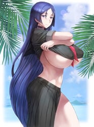 1girls bangs black_crop_top black_serafuku black_shirt black_skirt breasts bursting_breasts choker crop_top crop_top_overhang cropped_shirt curvaceous erect_nipples erect_nipples_under_clothes facing_away fate/grand_order fate_(series) female gigantic_breasts hi_res high_resolution highres hourglass_figure huge_breasts looking_at_viewer matching_hair/eyes matching_hair_and_eye_color matching_hair_and_eyes minamoto_no_raikou_(fate/grand_order) mogudan neckerchief neckwear no_bra outdoors purple_eyes purple_hair red_neckerchief red_neckwear serafuku shirt_lift skirt solo underboob undressing