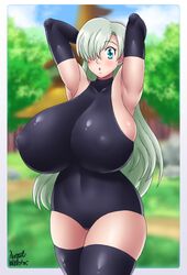 1girls alternate_breast_size armpits arms_behind_head arms_up artist_signature azraelwebster big_breasts blue_eyes blush breasts collarbone elbow_gloves elizabeth_liones eyebrows_visible_through_hair eyelashes female female_only gloves grey_hair huge_breasts leotard long_hair looking_at_viewer nanatsu_no_taizai nipple_bulge open_mouth outdoors seven_deadly_sins solo solo_female standing tagme thighhighs voluptuous