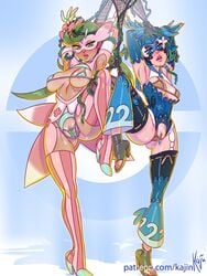 2girls blue_background blue_eyes blue_hair clitoris_peek clitoris_piercing clitoris_slip cosplay duo female female_only fishing_net functionally_nude game_freak green_eyes green_hair high_heel_boots high_heels human human_only kajinman lana_(pokemon) lurantis lurantis_(cosplay) mallow_(pokemon) mask multiple_girls net nintendo open_toe_shoes patreon_username pokemon pokemon_(cosplay) pokemon_sm pose pussy pussy_cleavage pussy_peek pussy_visible_through_clothes slutty_outfit tied_up useless_clothing wishiwashi wishiwashi_(cosplay)