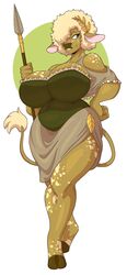 1girls afro anthro anthrofied background bare_shoulders big_breasts blonde_hair bovine breasts brown_fur clothed clothes clothing cow_ears cow_tail dress female female_only full_body fully_clothed green_eyes hair_over_one_eye hand_on_hip hips hooves huge_breasts humanoid large_breasts looking_away no_humans simple_background slightlysimian solo solo_female spear standing tail tail_tuft thick thick_thighs thighs very_high_resolution voluptuous white white_background wide_hips