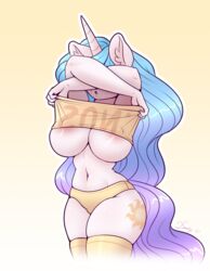 2020s 2021 absurd_res anthro anthrofied big_breasts breasts clothed clothing clothing_lift dandy_(artist) equid equine female friendship_is_magic hair hasbro hi_res horn inner_ear_fluff legwear long_hair mammal multicolored_hair my_little_pony navel panties princess_celestia_(mlp) shirt shirt_lift solo thigh_highs topwear tuft underwear unicorn