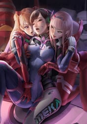 3girls asuka_langley_sohryu blizzard_entertainment bodysuit clothing crossover d.va darling_in_the_franxx female female_only hana_song jpeg latex mecha moidukdum neon_genesis_evangelion overwatch pilot_suit plugsuit signature threesome tight_clothing watermark yuri zero_two_(darling_in_the_franxx)