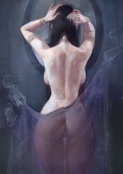 1girls ass backboob breasts casual female female_only human large_breasts mirror natthelich nudist painting_(artwork) pale_skin pandora pandora_(natthelich) pussy solo solo_female solo_focus spirit topless