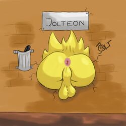 1:1 2021 anus ass azzyyeen backsack balls eeveelution feral fur genitals jolteon male marker name_plate nintendo no_humans nude pokémon_(species) pokemon pokemon_only rear_view solo stuck through_wall video_games yellow_body yellow_fur