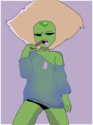 baggy_clothing black_panties blue_shirt breasts brushing_teeth cartoon_network drawinecchi gem_(species) green_body green_skin nipples panties peridot_(steven_universe) poorly_drawn_hands see-through_clothing steven_universe teeth toothbrush