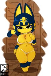 4_fingers animal_crossing ankha ankha_ride_(minus8) anthro breasts clothed clothing coin coin_on_string domestic_cat feet felid feline felis female fingers hair looking_at_viewer mammal midriff navel nintendo shnider solo toes video_games